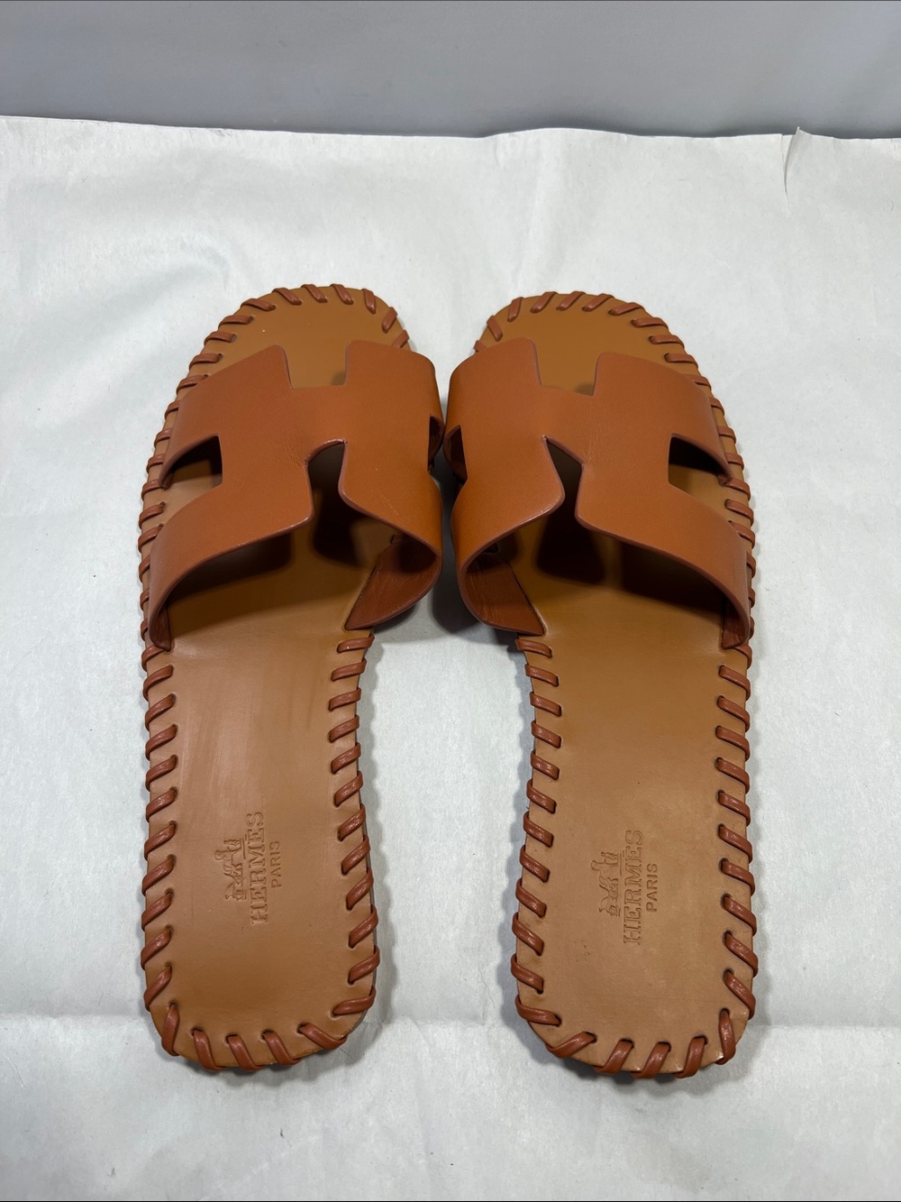 Hermes premium Tan Leather Slide Sandals with Braided Edge